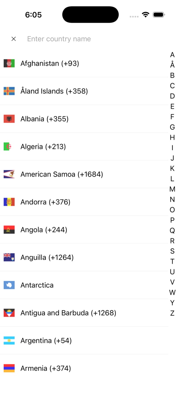 Searchable country picker with flags