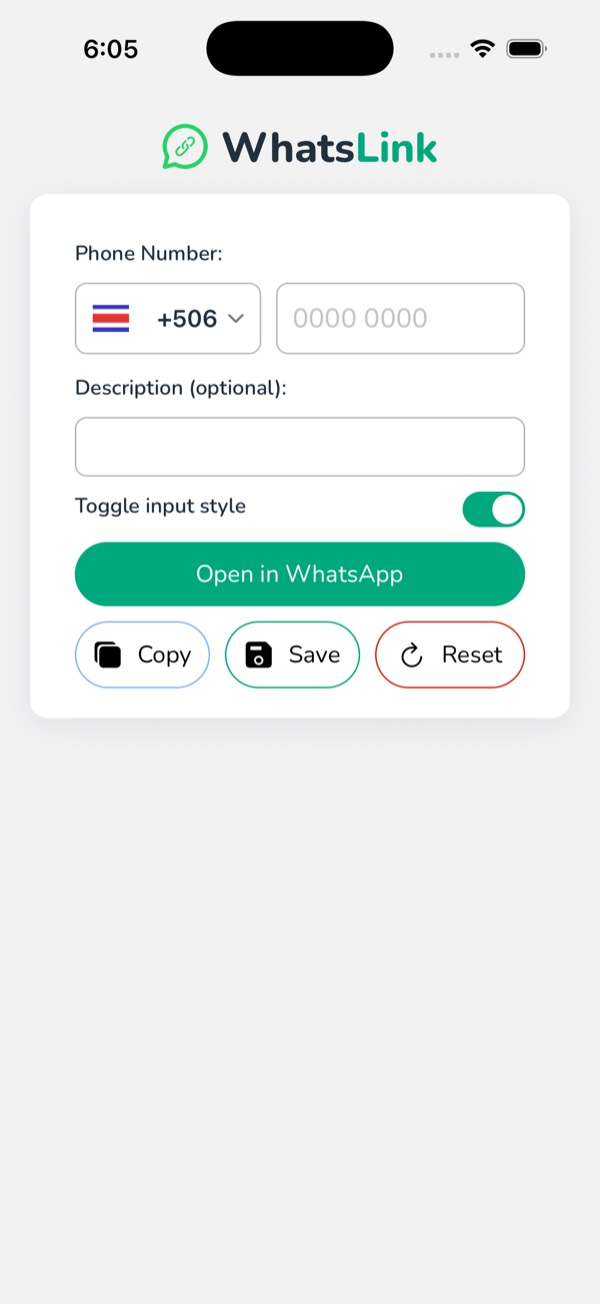 WhatsLink home screen, empty state